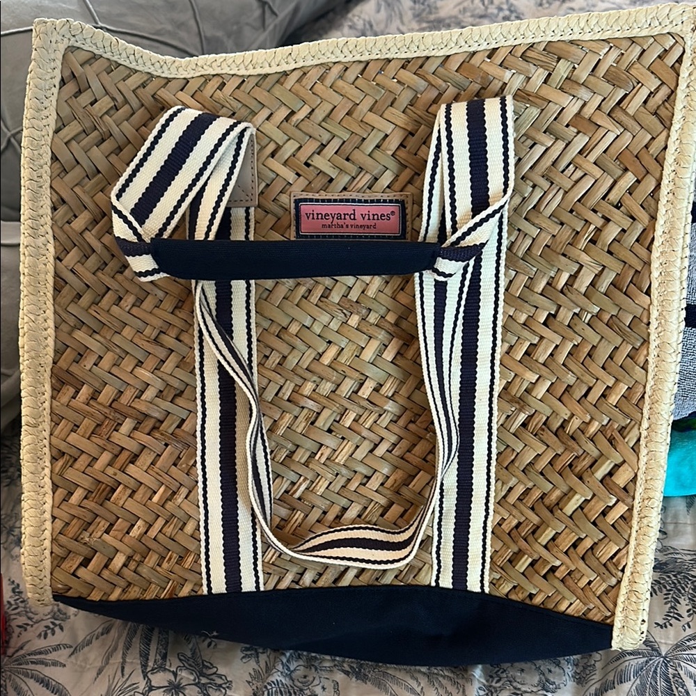 Vineyard Vines Tan and Blue Tote Bag with Woven Design